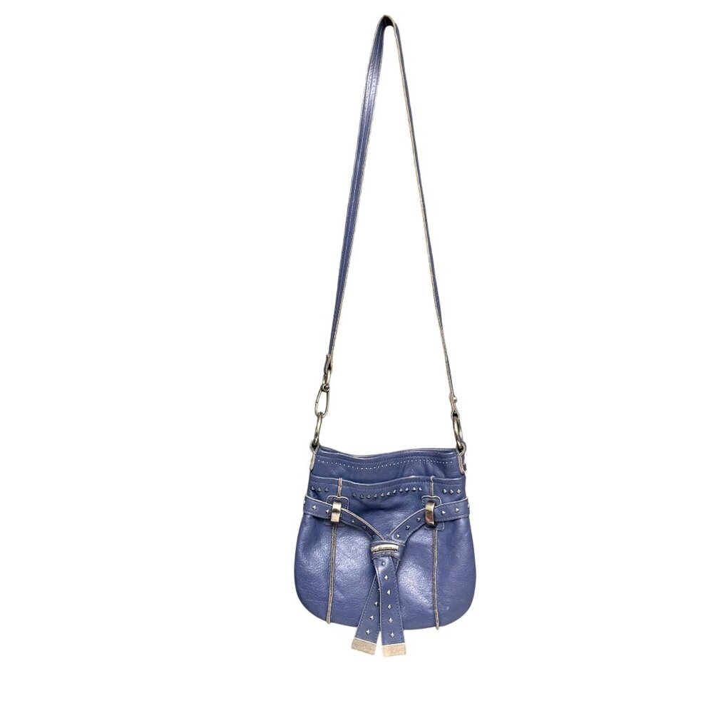 B Makowsky Blue Leather Studded Crossbody Bag Adjustable Strap & Metal Hardware